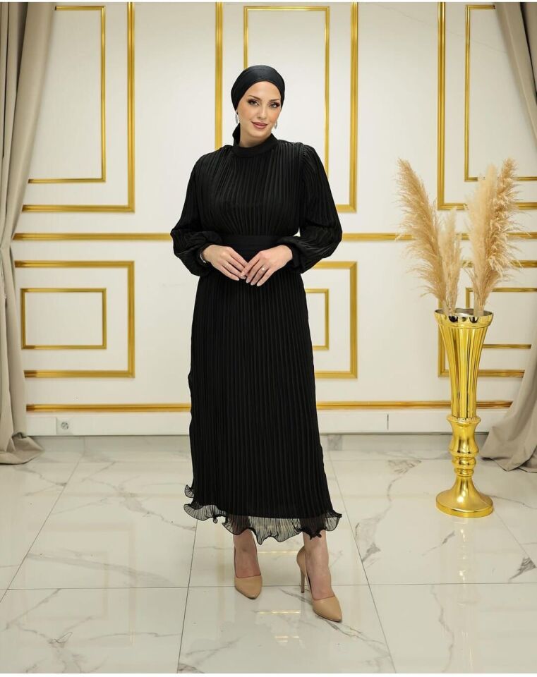 2279 ABİYE ELBİSE BELİ BAĞLAMALI BALONKOL ETEK UCU FIRFIRLI ABİYE ELBİSE #24-06#