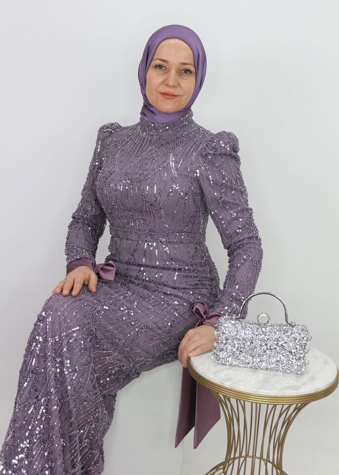 4453 ABİYE ELİBSE ÖNÜ VE ARKASI BOYDAN BONCUK İŞLEMELİ KOL UÇLARI KURDALE TASARIM ABİYE ELBİSE #24-010 42 - lavanta