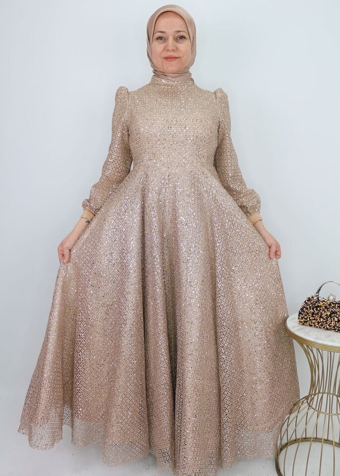 255 ABİYE ELBİSE ARKADAN FERMUARLI KOL UCU KURDELELİ BOYDAN FİLELİ SİMLİ TASARIM ABİYE ELBİSE #24-07#