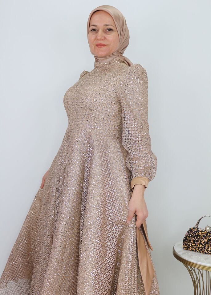 255 ABİYE ELBİSE ARKADAN FERMUARLI KOL UCU KURDELELİ BOYDAN FİLELİ SİMLİ TASARIM ABİYE ELBİSE #24-07#