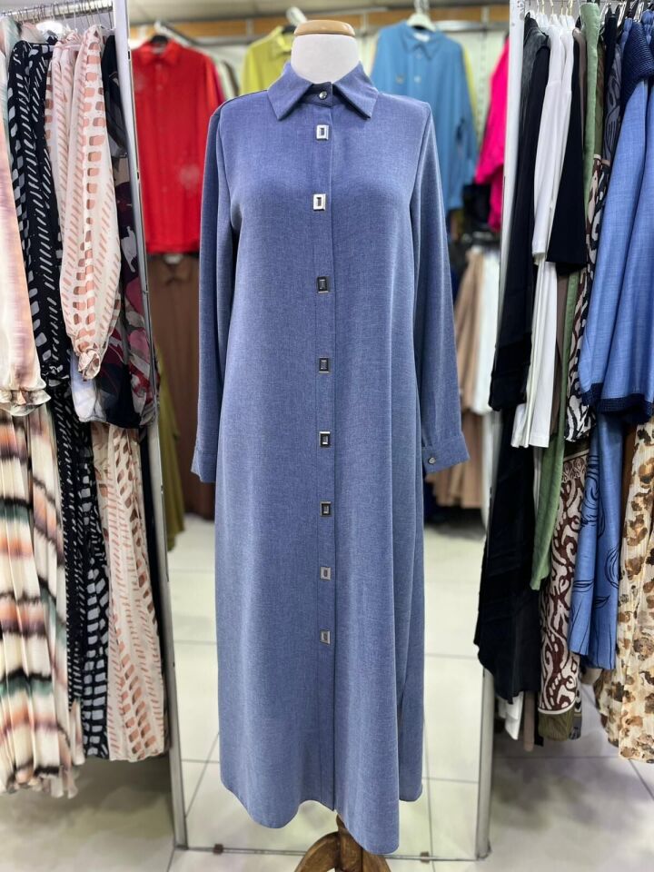 1517.1 ÖNÜ KARE DÜĞMELİ ÇITÇITLI GÖMLEK YAKA UZUN TUNİK YENİ SEZON #02-25# 50 - MAVİ