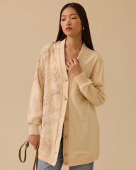 10002421111014 ÖNDEN DÜĞMELİ DESENİ TÜL DETAYLI TRİKO HIRKA