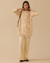 10002421211013 ÖNDEN TÜL DETAYLI SIFIR YAKA KOL UCU LASTİKLİ DESENLİ TRİKO TUNİK