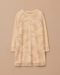 10002421211013 ÖNDEN TÜL DETAYLI SIFIR YAKA KOL UCU LASTİKLİ DESENLİ TRİKO TUNİK