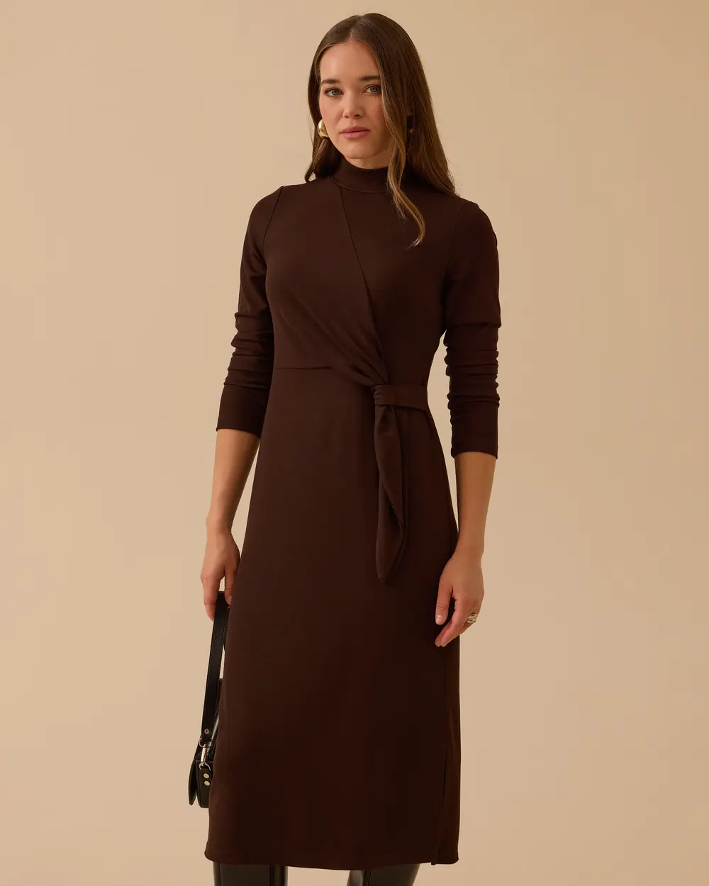 10002521310012 KARINDAN BAĞLAMALI SOĞUK TRİKO ELBİSE