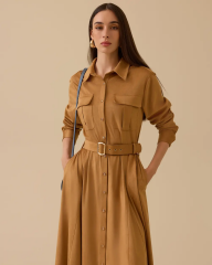 10002521311007 ÖNDEN DÜĞMELİ BELİ KEMERLİ SÜET ELBİSE