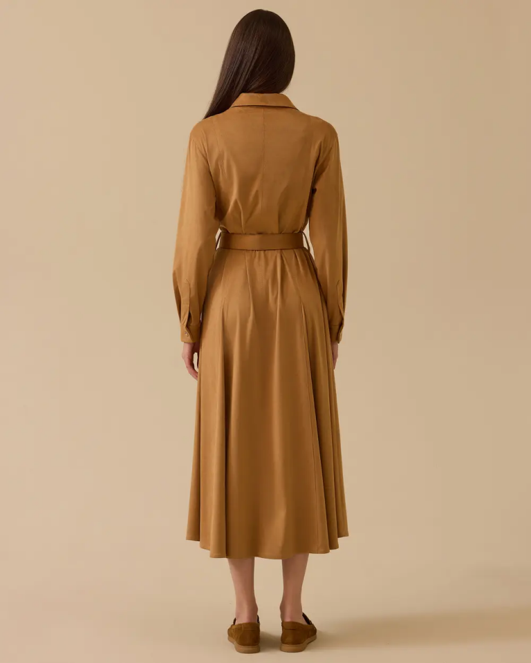 10002521311007 ÖNDEN DÜĞMELİ BELİ KEMERLİ SÜET ELBİSE