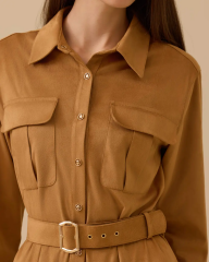 10002521311007 ÖNDEN DÜĞMELİ BELİ KEMERLİ SÜET ELBİSE