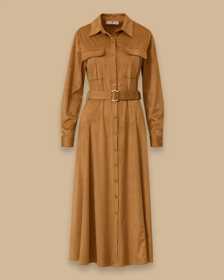 10002521311007 ÖNDEN DÜĞMELİ BELİ KEMERLİ SÜET ELBİSE