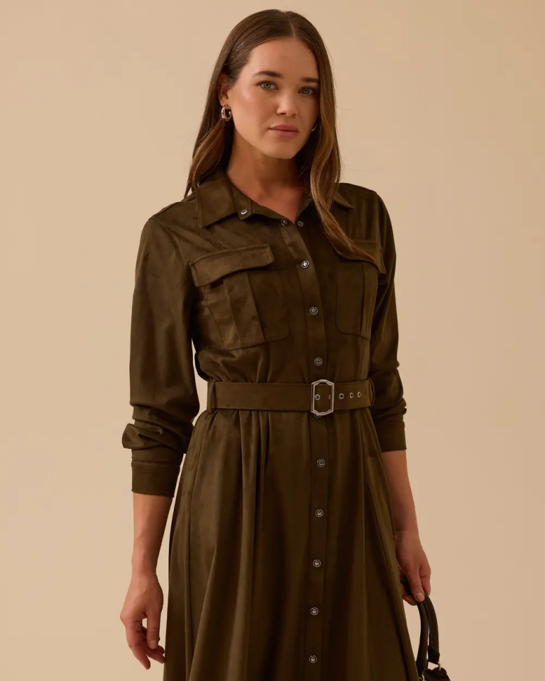 10002521311007 ÖNDEN DÜĞMELİ BELİ KEMERLİ SÜET ELBİSE