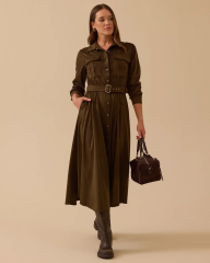 10002521311007 ÖNDEN DÜĞMELİ BELİ KEMERLİ SÜET ELBİSE
