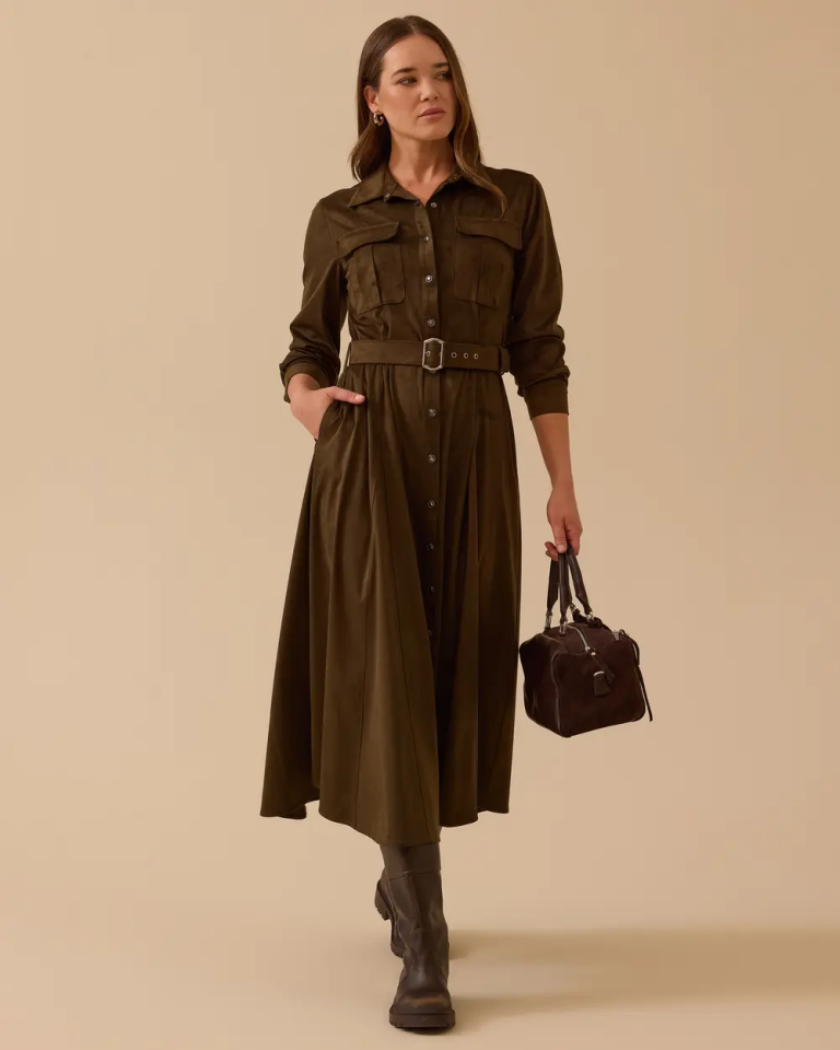 10002521311007 ÖNDEN DÜĞMELİ BELİ KEMERLİ SÜET ELBİSE