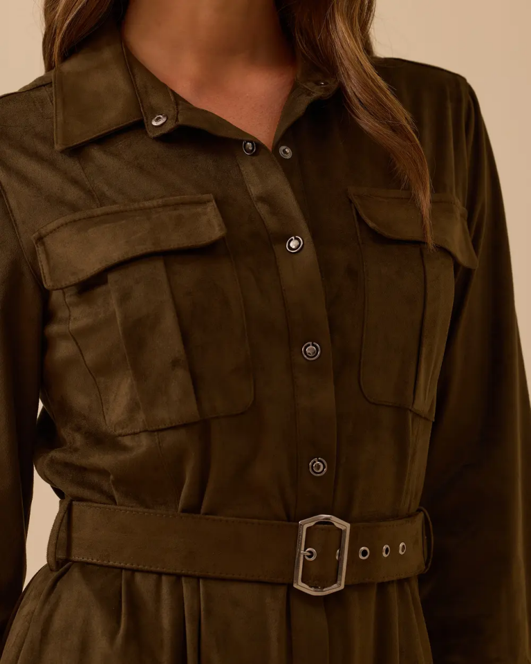 10002521311007 ÖNDEN DÜĞMELİ BELİ KEMERLİ SÜET ELBİSE