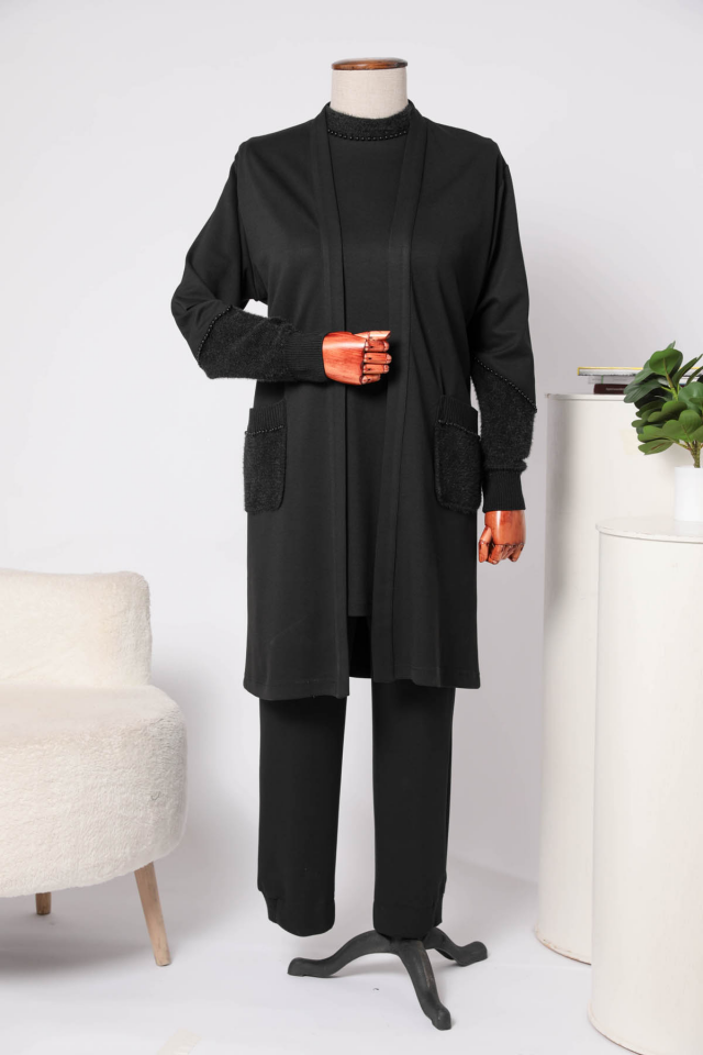 2516-BBP-25K_R080 MODAL HIRKA TRİKO KONBİNLİ ÜÇLÜ TAKIM XL - SİYAH