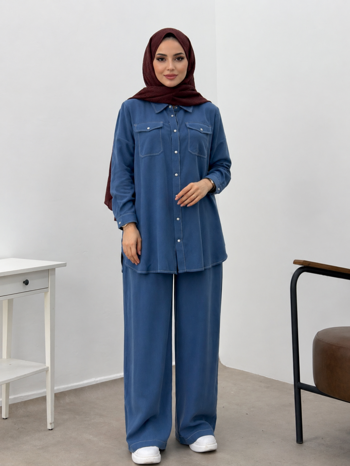 10653 ÖNDEN DÜĞMELİ BEYAZ DİKİŞ GEÇİŞLİ PANTALON BOL PAÇA SPOR İKİLİ TAKIM#26#