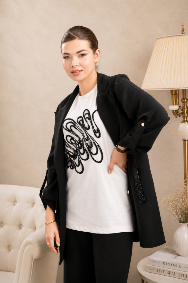 3009 TAŞ İŞLEME DETAYLI CEPLİ İÇ BLUZ TAŞ BASKILI KETEN ÜÇLÜ TAKIM #26#