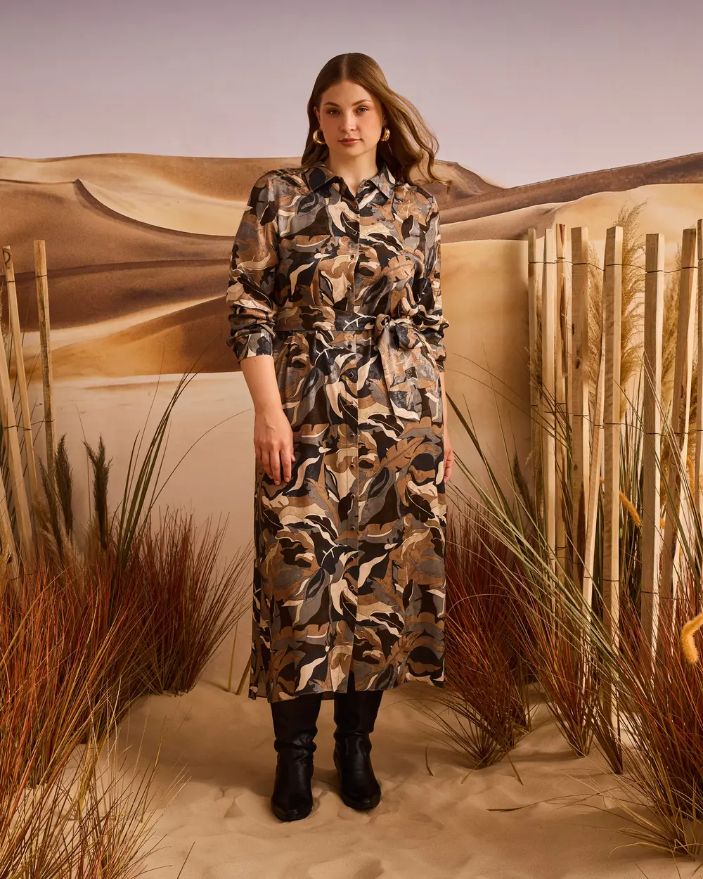 10002521314007 BELDEN KEMERLİ CEPLİ DESENLİ TUNİK ELBİSE