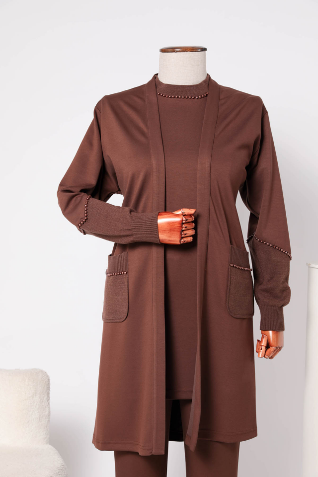 2516-BBP-25K_R080 MODAL HIRKA TRİKO KONBİNLİ ÜÇLÜ TAKIM L - Kahverengi