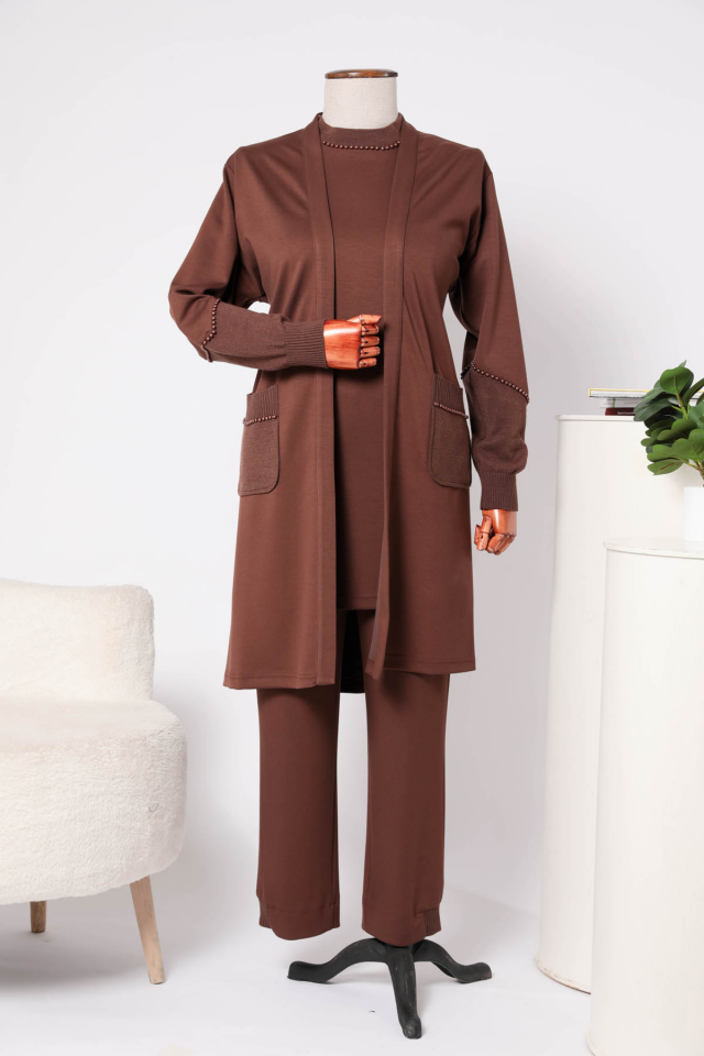 2516-BBP-25K_R080 MODAL HIRKA TRİKO KONBİNLİ ÜÇLÜ TAKIM XL - Kahverengi
