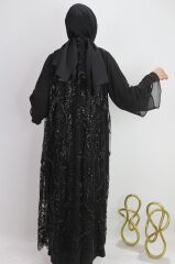 42932 İÇ ELBİSESİ SANDY KUMAŞ DIŞ İŞLEME BONCUK VE TAŞ DETAYLI KENAR KISIM DERİ GÖRÜNÜMLÜ ABAYA