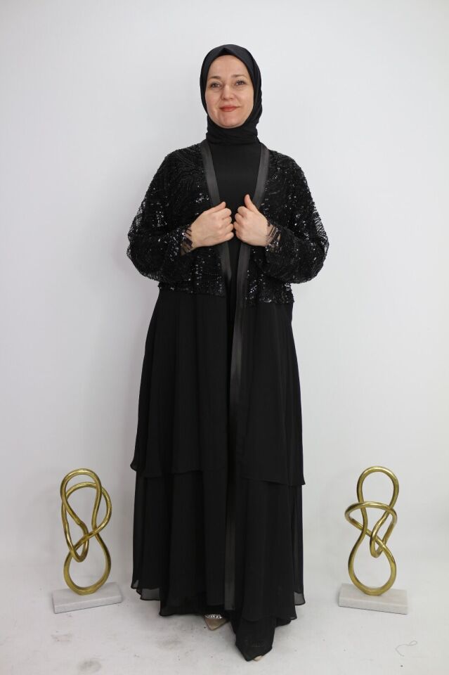 42909 İÇ BLUZ KISA ŞİFON DIŞ KISIM ŞİFON KAT DETAYLI BEL BÖLÜMÜNE KADAR BONCUK VE İŞLEME DETAYLI ŞIK TAKIM