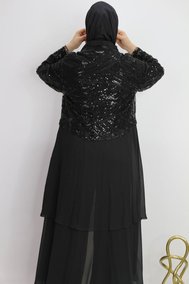 42909 İÇ BLUZ KISA ŞİFON DIŞ KISIM ŞİFON KAT DETAYLI BEL BÖLÜMÜNE KADAR BONCUK VE İŞLEME DETAYLI ŞIK TAKIM