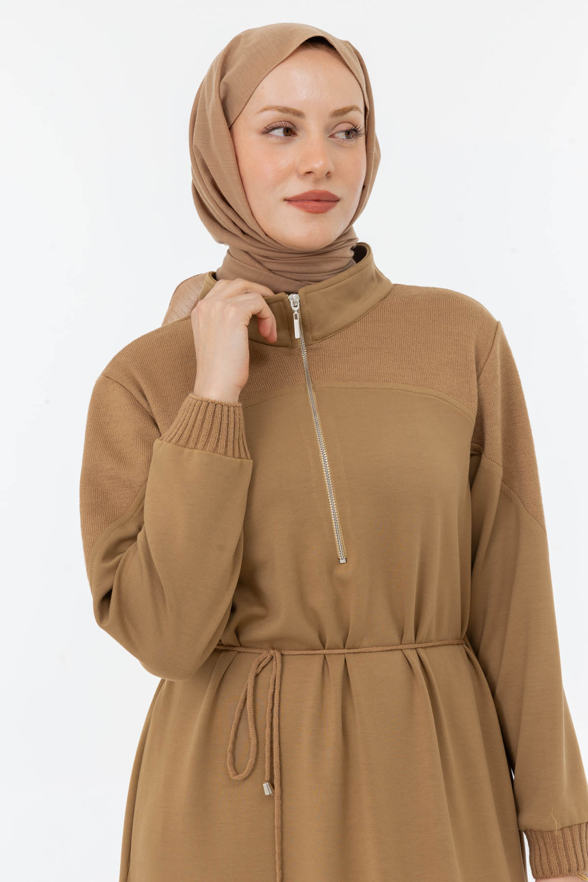 2515-ELB-25K_R027 MODAL TRİKO KONBİNLİ TAM BOY ELBİSE L - CAMEL