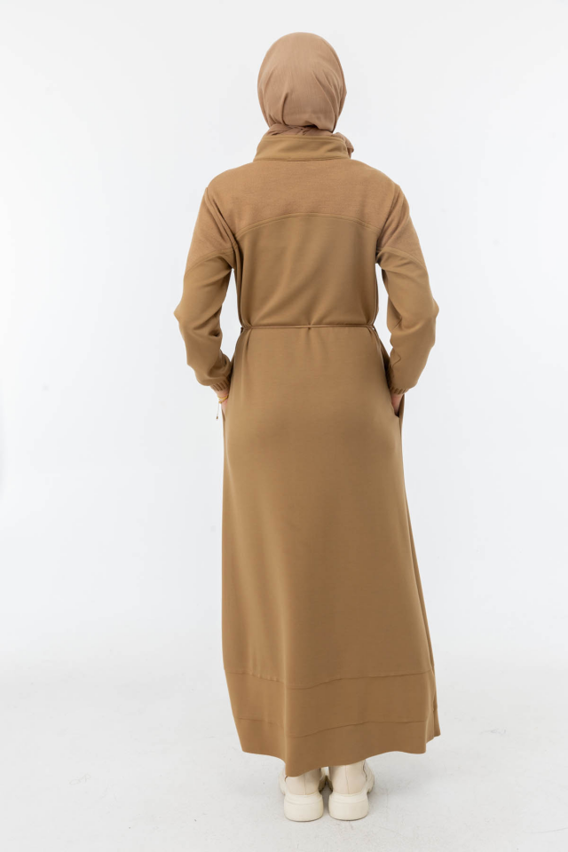 2515-ELB-25K_R027 MODAL TRİKO KONBİNLİ TAM BOY ELBİSE M - CAMEL