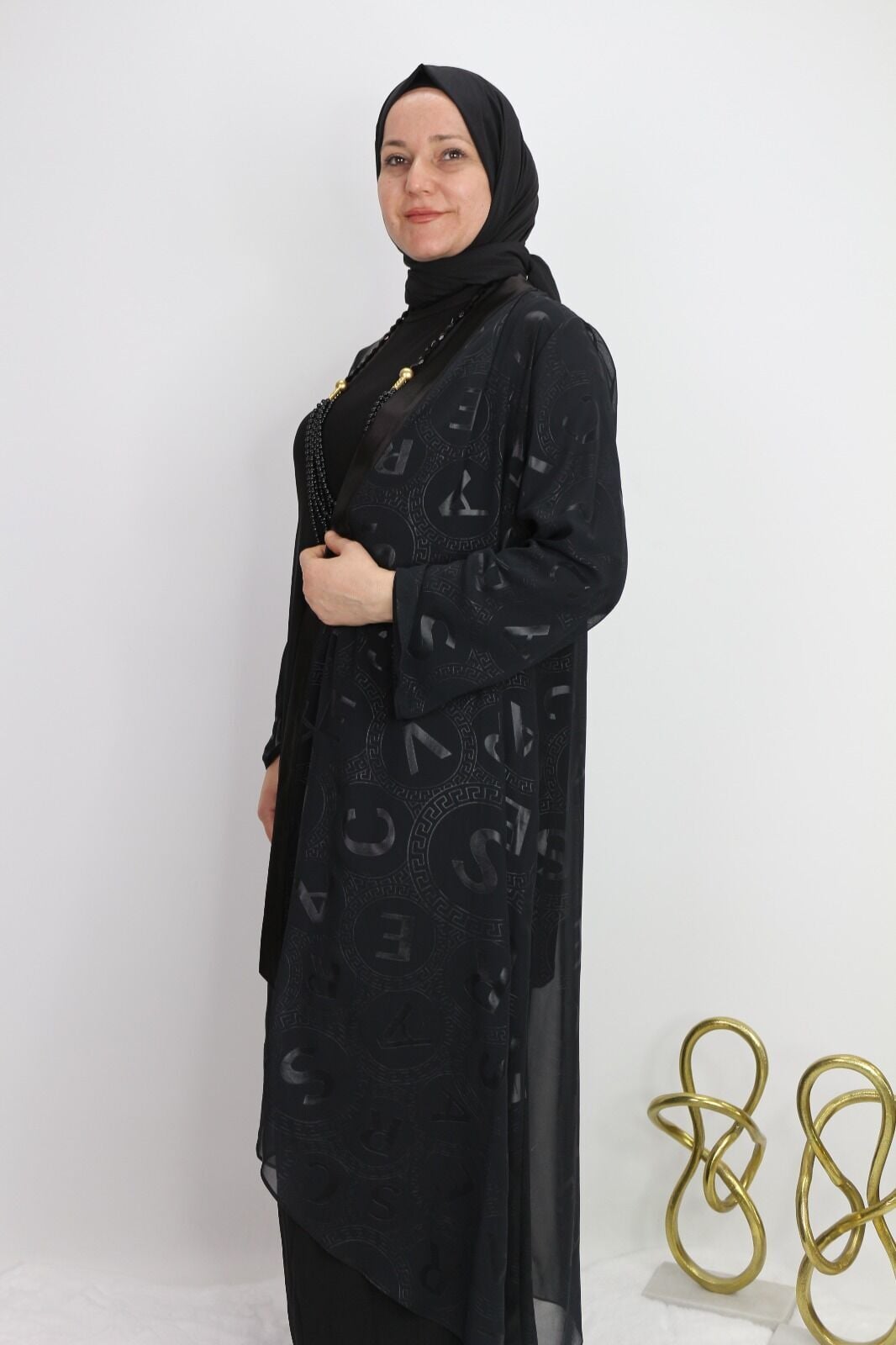 40976 İÇ BLUZ UZUN KOL SANDY KUMAŞ HIRKA HARF BASKILI YAKASI BOYDAN DETAYLI İKİLİ TAKIM