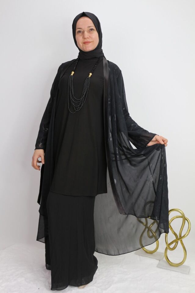 40976 İÇ BLUZ UZUN KOL SANDY KUMAŞ HIRKA HARF BASKILI YAKASI BOYDAN DETAYLI İKİLİ TAKIM