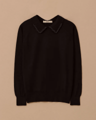 10002521710008 YAKASI İNCİ DETAYLI KOL UCU VE ETEK UCU LASTİKLİ KISA TRİKO BLUZ