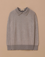 10002521710008 YAKASI İNCİ DETAYLI KOL UCU VE ETEK UCU LASTİKLİ KISA TRİKO BLUZ