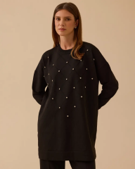 10002521711011 ÖNÜ BAKLAVA DESENLİ TAŞLI KOL UCU LASTİKLİ SOĞUK TRİKO TUNİK