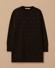 10002521711011 ÖNÜ BAKLAVA DESENLİ TAŞLI KOL UCU LASTİKLİ SOĞUK TRİKO TUNİK