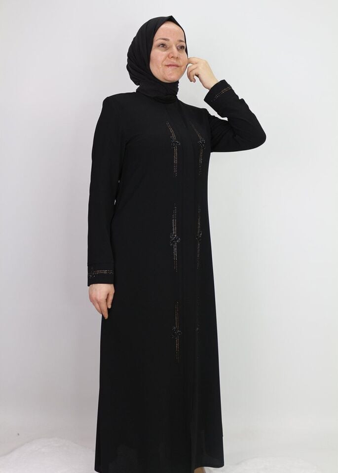 3013ÖNÜ VE KOL UÇLARI TAŞ İŞLEMELİ GİZLİ FERMUARLI YUVARLAK YAKA  QYS 3013 FERACE  #22-01#