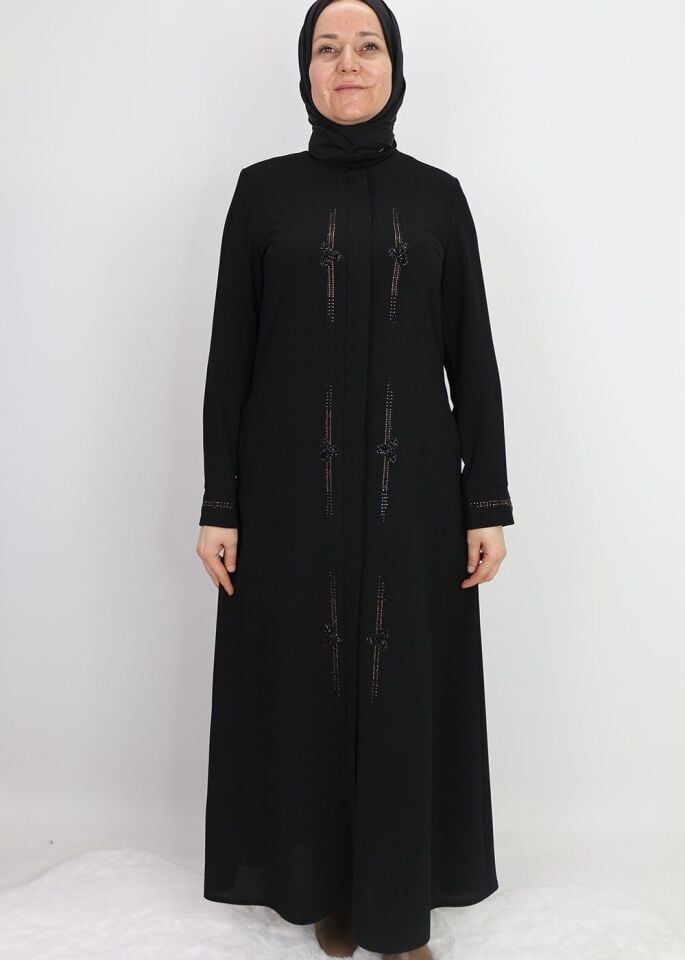 3013ÖNÜ VE KOL UÇLARI TAŞ İŞLEMELİ GİZLİ FERMUARLI YUVARLAK YAKA  QYS 3013 FERACE  #22-01#