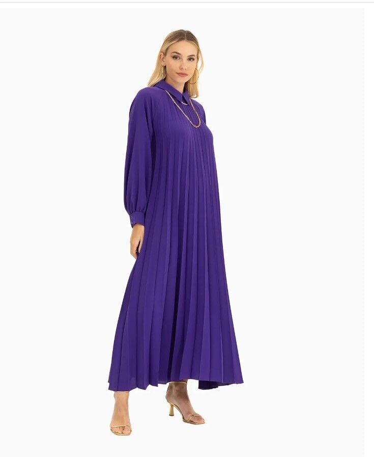 ELBİSE AKSESUAR DETAYLI REGLAN KOL BİLEK BOY PİLİSELİ ELBİSE