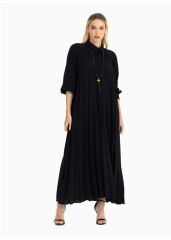 ELBİSE AKSESUAR DETAYLI REGLAN KOL BİLEK BOY PİLİSELİ ELBİSE QKS 2212010000 GÜNLÜK ELBİSE #22-09#