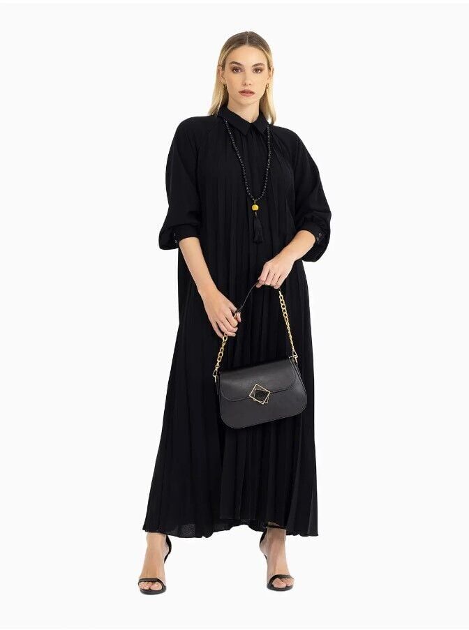 ELBİSE AKSESUAR DETAYLI REGLAN KOL BİLEK BOY PİLİSELİ ELBİSE