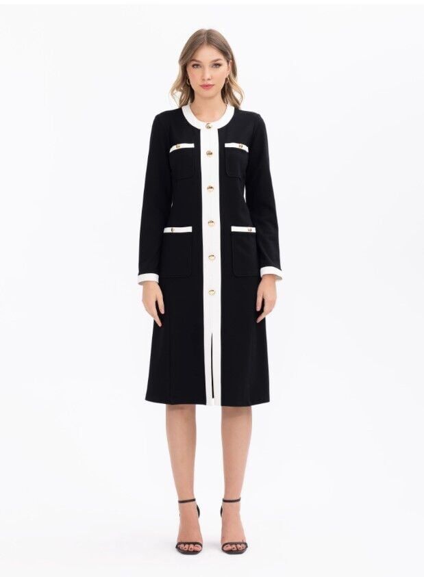 1011 CEPLİ DÜĞMELİ KONTRAST DETAYLI DİZALTI ELBİSE GÜNLÜK ELİBSE