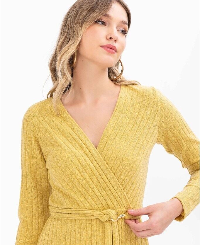 1015 KRUVAZE YAKA KUŞAKLI MİDİ BOY ELBİSE GÜNLÜK ELBİSE