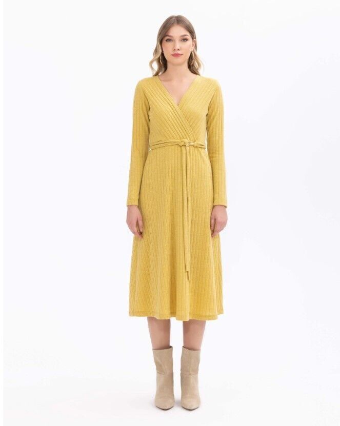 1015 KRUVAZE YAKA KUŞAKLI MİDİ BOY ELBİSE GÜNLÜK ELBİSE