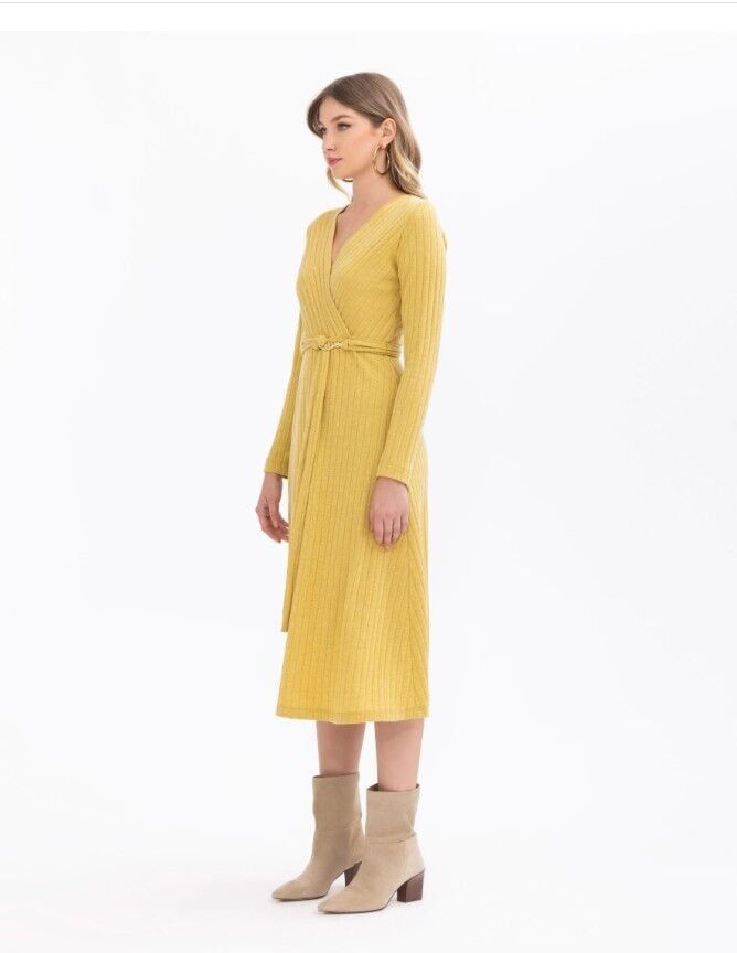 1015 KRUVAZE YAKA KUŞAKLI MİDİ BOY ELBİSE GÜNLÜK ELBİSE