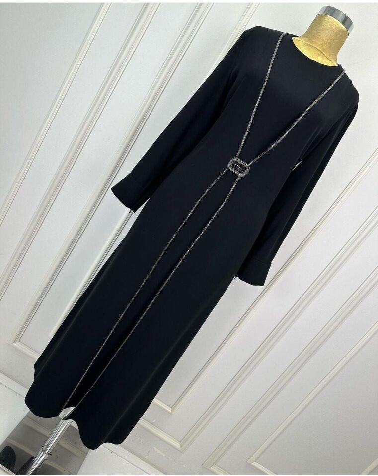 2840 ÖNÜ TAŞLI KAFTAN TARZ ELBİSE QYS ELBİSE 2840 #24-033 56 - SİYAH