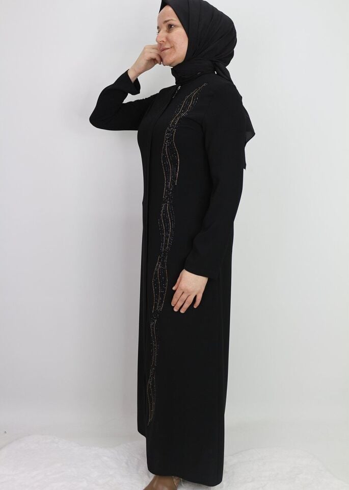 3016TEK TARAFI TAŞ İŞLEMELİ GİZLİ FERMUARLI YUVARLAK YAKA FERACE QYS 3016  FERACE #22-02#