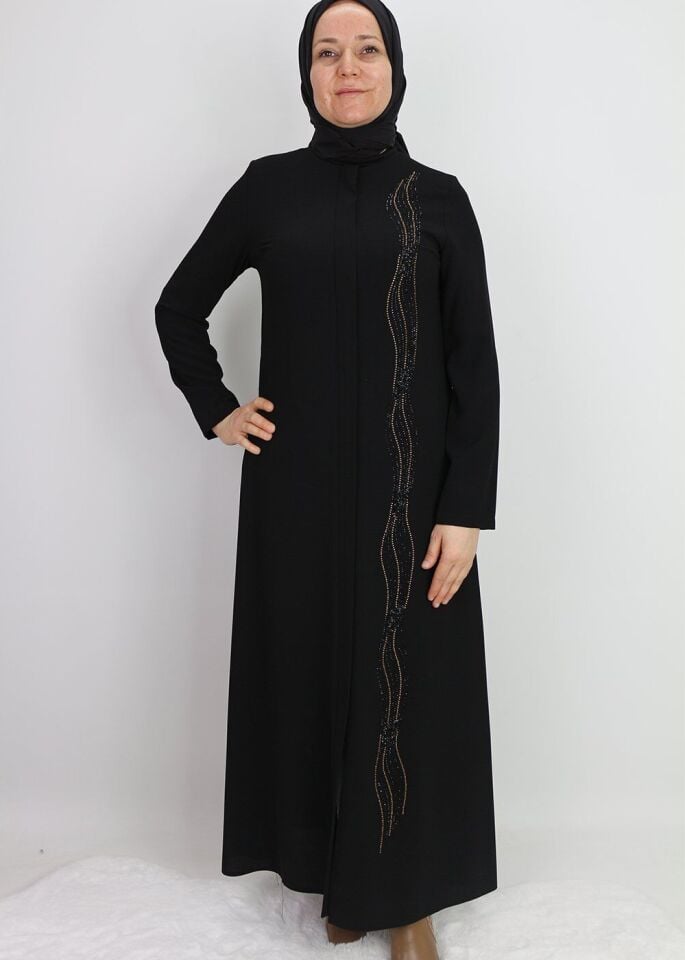 3016TEK TARAFI TAŞ İŞLEMELİ GİZLİ FERMUARLI YUVARLAK YAKA FERACE QYS 3016  FERACE #22-02#