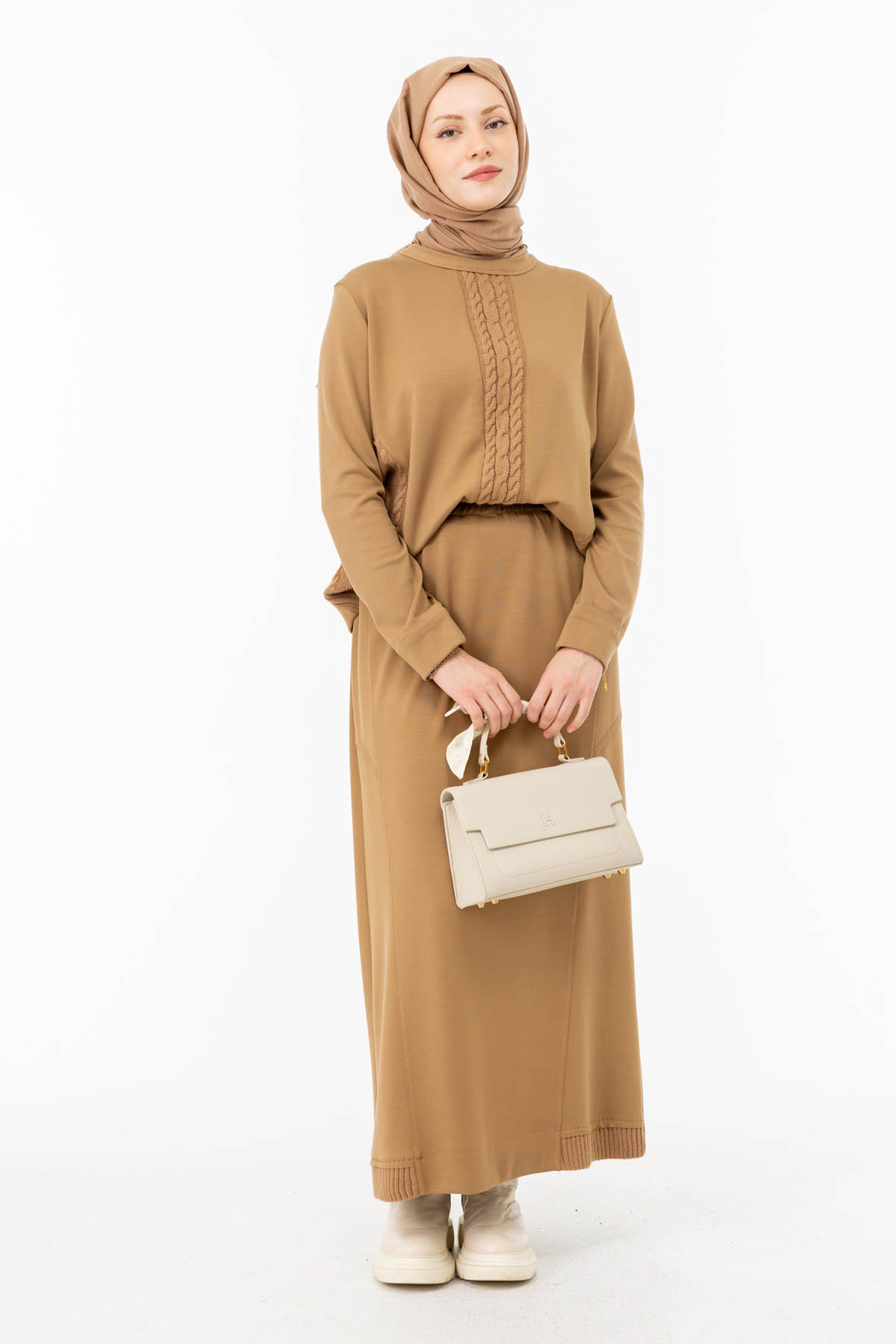 2518 TRIKO SAÇ ÖRGÜ DESENLİ SPOR MODAL KUMAŞ ETEKLI TAKIM CAMEL - S
