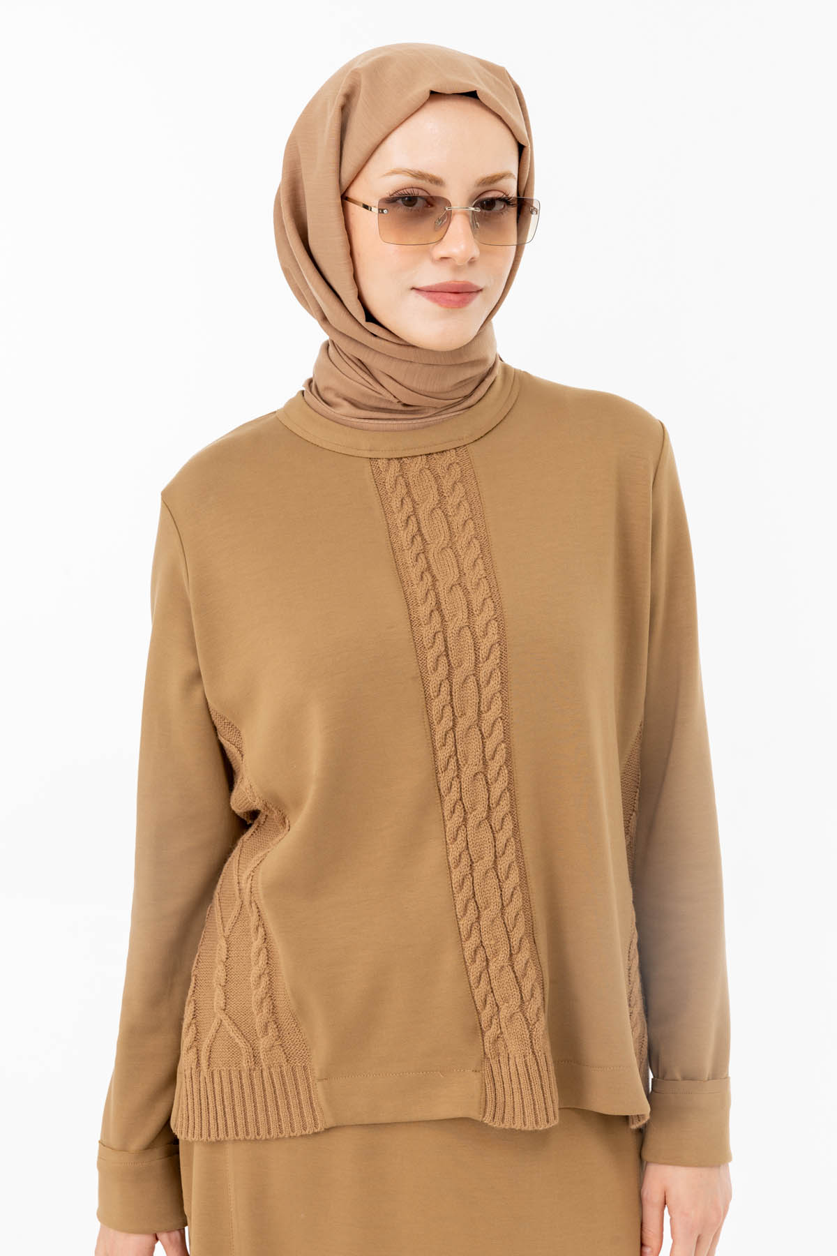 2518 TRIKO SAÇ ÖRGÜ DESENLİ SPOR MODAL KUMAŞ ETEKLI TAKIM CAMEL - S