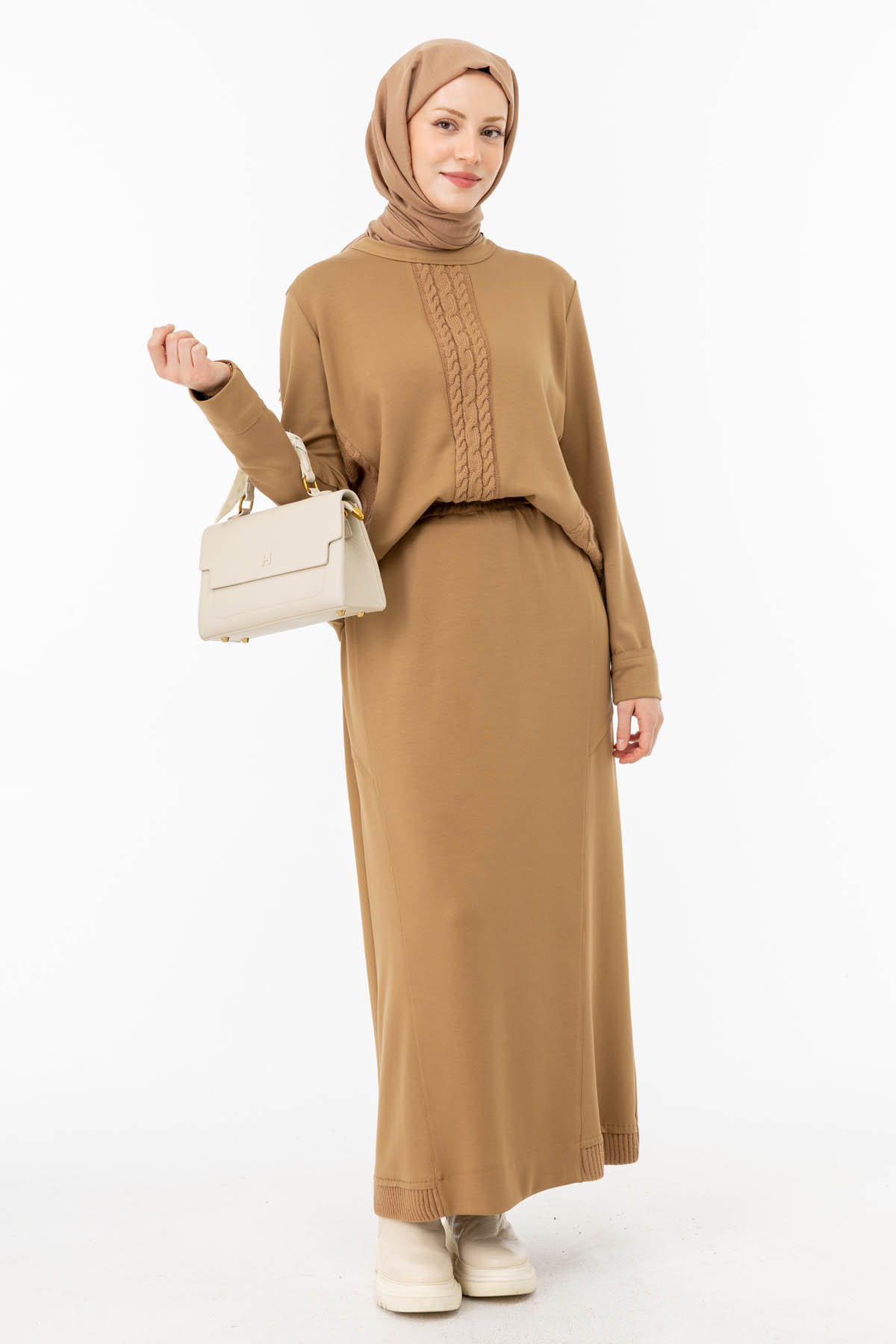2518 TRIKO SAÇ ÖRGÜ DESENLİ SPOR MODAL KUMAŞ ETEKLI TAKIM CAMEL - S