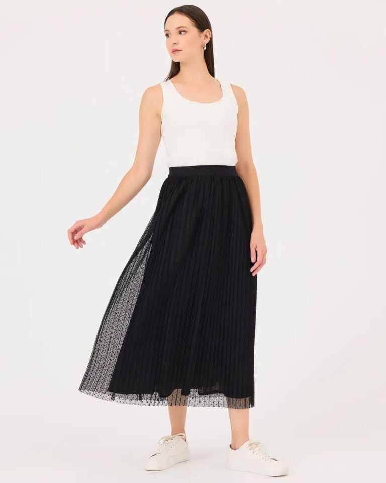 10006 BELİ LASTİKLİ DIŞI TÜL DETAY ŞIK ETEK QKS